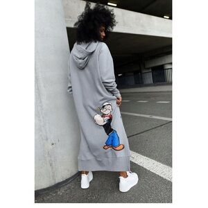 Stylish oversized Gray Hooded Maxi Dress with popeye design.